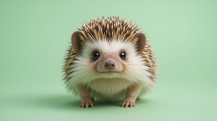 Adorable hedgehog on a pastel green background displaying cute and curious expression in a studio close up.