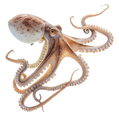 Obraz premium A detailed view of a common octopus with eight long tentacles and a mottled brown and white body. The octopus is set against a black background.