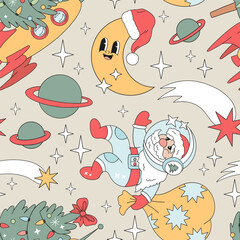 Retro Groovy Christmas in Space Vector Seamless Pattern Santa Claus in Spacesuit, Crescent Moon in Santa Hat, and Rocket Carrying Christmas Tree. Ideal for festive wrapping paper, holiday cards, kids