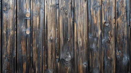 A weathered wooden fence with a rustic, aged appearance, featuring vertical planks of varying lengths and a mix of dark and light brown tones.