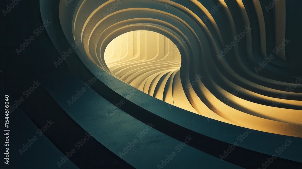 Poster abstract twist with smooth curves and glowing light in a captivating dark tunnel with textured wall 