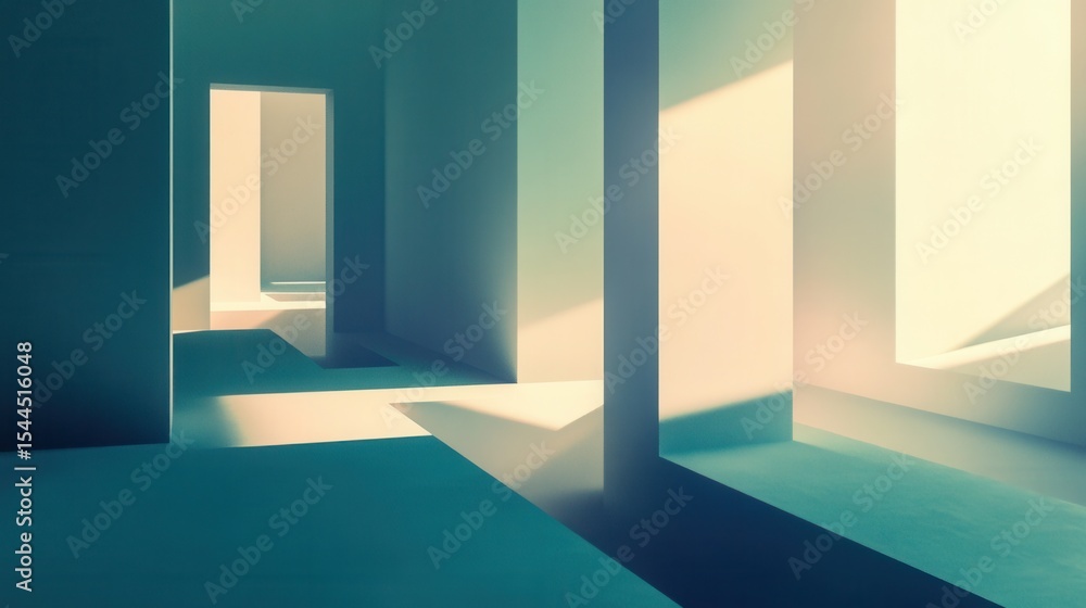 Poster ethereal light in abstract architectural space with soft shadows and geometric forms inviting explor