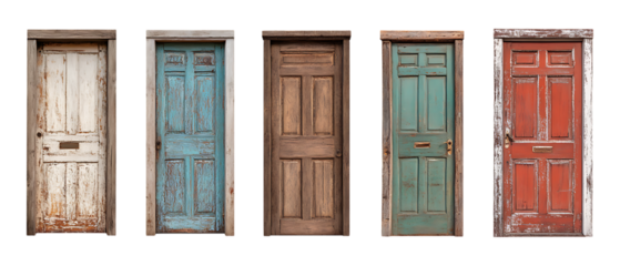 Pack Collection Five Vintage Wooden Doors Rustic Textures  Colors set against transparent background