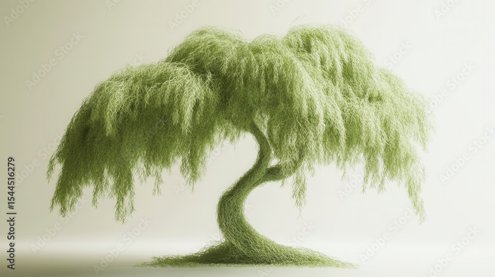 Poster artistic depiction of a minimalist willow tree in soft green tones with flowing branches and texture