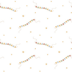 Watercolor pattern garland of colored flags flying in stars. Illustration drawn on transparent background. Seamless print, fabric, children's clothing, textile, packaging, wallpaper