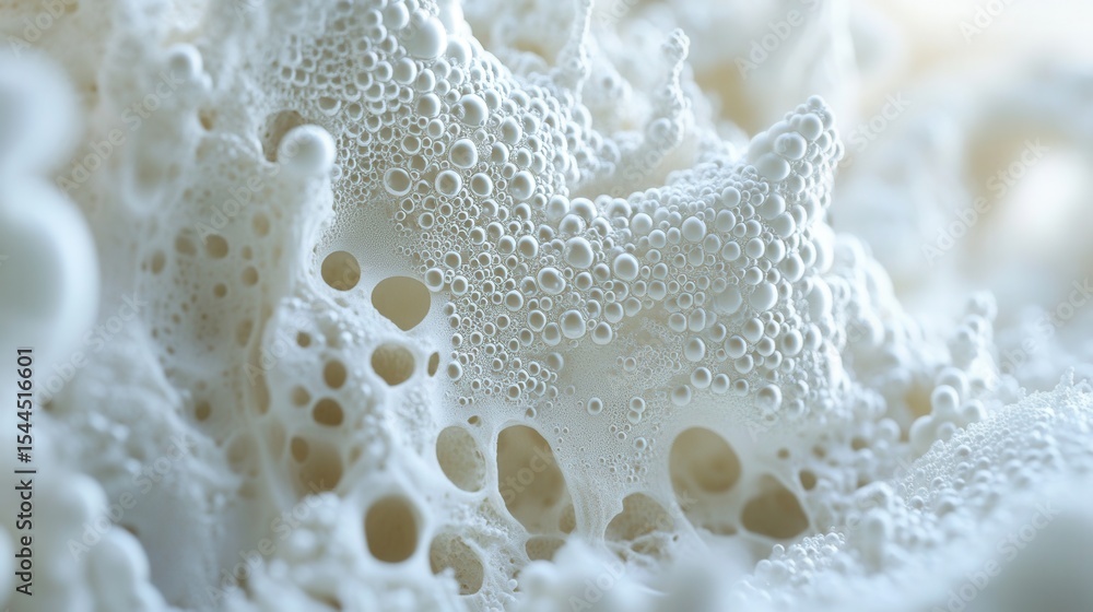 Poster close-up of white foam with bubbles and textured patterns on a soft background for creative and arti