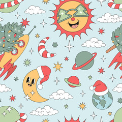 Groovy Space Christmas vector Seamless Vector Pattern with Sun in Tree Shaped Sunglasses, Rocket with Christmas Tree, Earth and Moon in Santa Hat. Ideal for festive wrapping paper, kids clothing