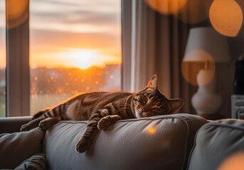 Adorable tabby cat relaxing on a comfortable sofa, enjoying the warm sunset view from a window in a cozy home setting