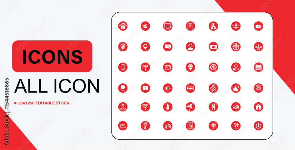 Poster collection of red and white vector icons for web and mobile applications