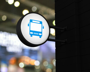 Bus icon on hanging black rounded signboard over blur light and shadow of shopping mall, Business transportation service concept, 3D rendering