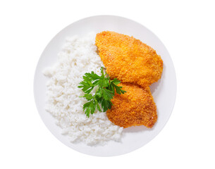 Obraz na płótnie Canvas plate of chicken schnitzel with rice isolated on transparent background, top view