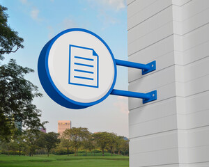 Document icon on hanging blue rounded signboard over green grass field and trees in park, Technology internet online concept, 3D rendering