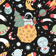 Retro Groovy Christmas in Space Astronaut on Moon with Tree and Gifts, Snowman in Spacesuit, Crescent Moon in Santa Hat Vector Seamless Pattern. Perfect for festive wrapping paper, holiday greeting