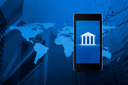 Bank flat icon on modern smart mobile phone screen over world map and city tower background, Mobile banking concept, Elements of this image furnished by NASA