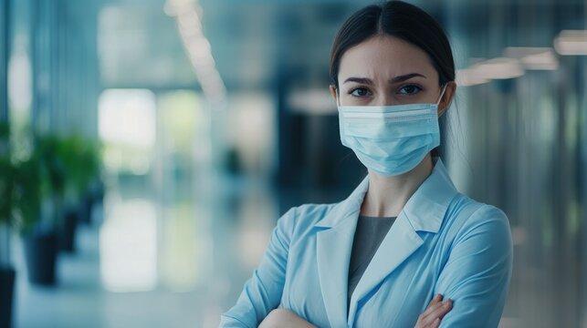 A woman in a blue suit standing in a modern office hallway, wearing a medical mask, with her arms crossed, looking serious.