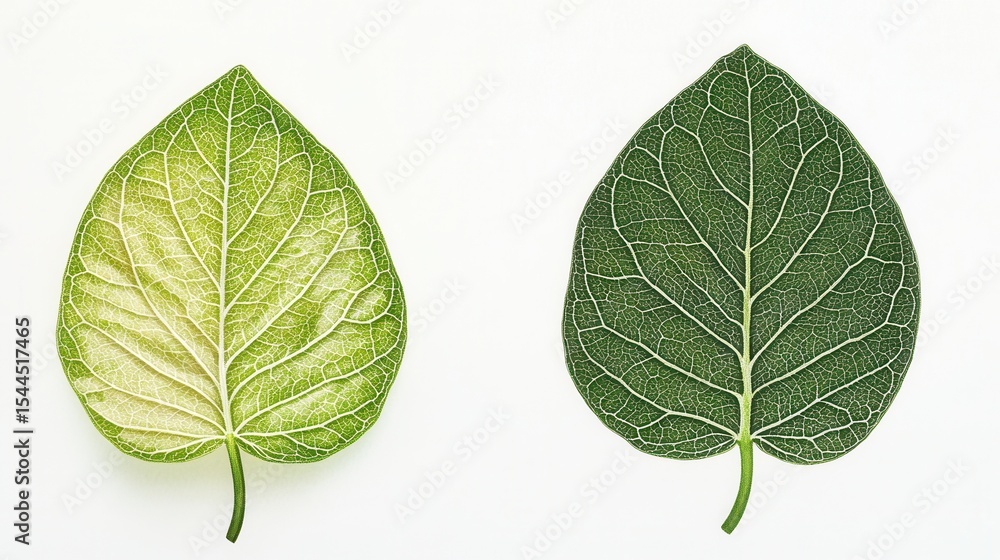 Poster two leaves showing different stages of growth and color transition on a white background for botanic