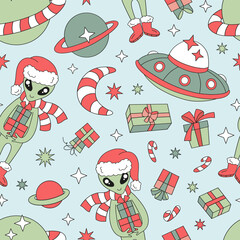 Retro Groovy Christmas in Space Green Alien in Santa Hat with Gifts, Flying Saucer, Planet Saturn in Red and Green Pastel Tones Vector Seamless Pattern. Great for holiday wrapping paper, kids apparel