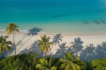 Fototapeta premium Shimmering turquoise waters lap gently against a sunlit beach lined with swaying palm trees in a tropical paradise