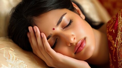 A serene woman with closed eyes, resting on a soft, patterned pillow, wearing a traditional Indian sari, with a red bindi on her forehead.