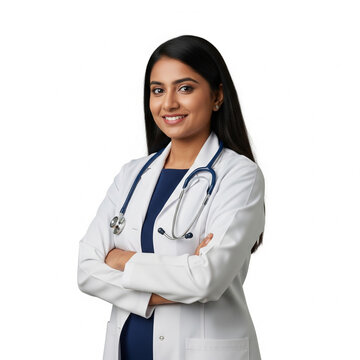 young indian female doctor standing straight with arms crossed and soft smile