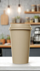 Giant kraft paper cup with lid on table enhances cozy kitchen atmosphere