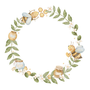 Wreath of bee with honey jars, branches leaves flowers. Watercolor illustration hand drawn in children's style for template invitation card frame greeting posters dishes holiday decoration