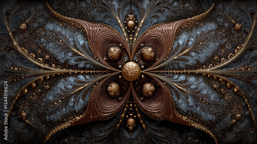 Poster elegant fractal design with intricate metallic patterns in brown, black, grey, bronze, and gold tone