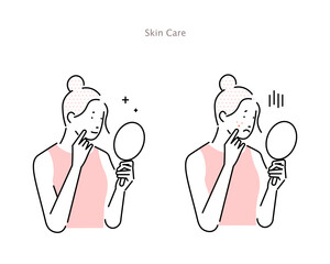 vector illustration of  woman looking into the mirror-illustration of woman with pimples and blemishes and beautiful skin　鏡を見る女性ーニキビやシミに悩む女性と綺麗な肌の女性のイラスト素材