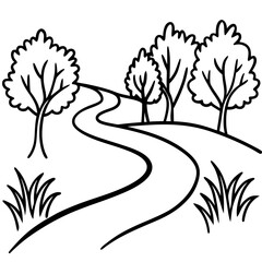 Curved River with Trees Along the Bank – Clean Line Art Illustration