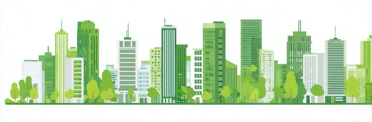 Experience an eco-friendly city skyline with vibrant green buildings and a minimalist design against a clean white background