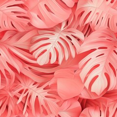 Tropical foliage in coral pink with detailed palm and monstera leaves creating a serene, vintage-inspired atmosphere