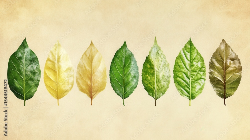 Poster beautiful collection of different types of leaves displaying natural color variations on a soft grad