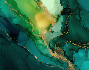 Captivating fusion of green and yellow alcohol ink with golden accents creating a dreamlike landscape effect