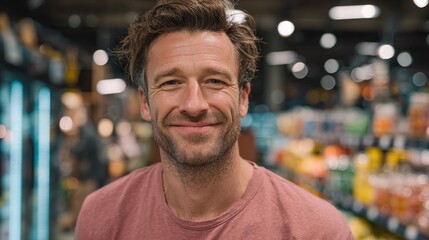 Fototapeta premium Smiling man with short hair wearing bright pink shirt standing in grocery store, close-up portrait with soft lighting and blurred background, fresh and friendly expression, modern retail environment