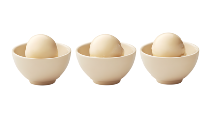 Pack Collection Three Eggs in Small Ceramic Bowls Minimalist Food Photography set against transparent background