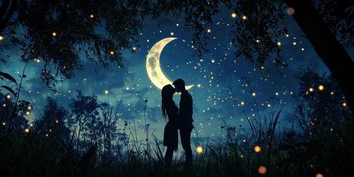A couple embracing under a crescent moon with fireflies in the night sky.