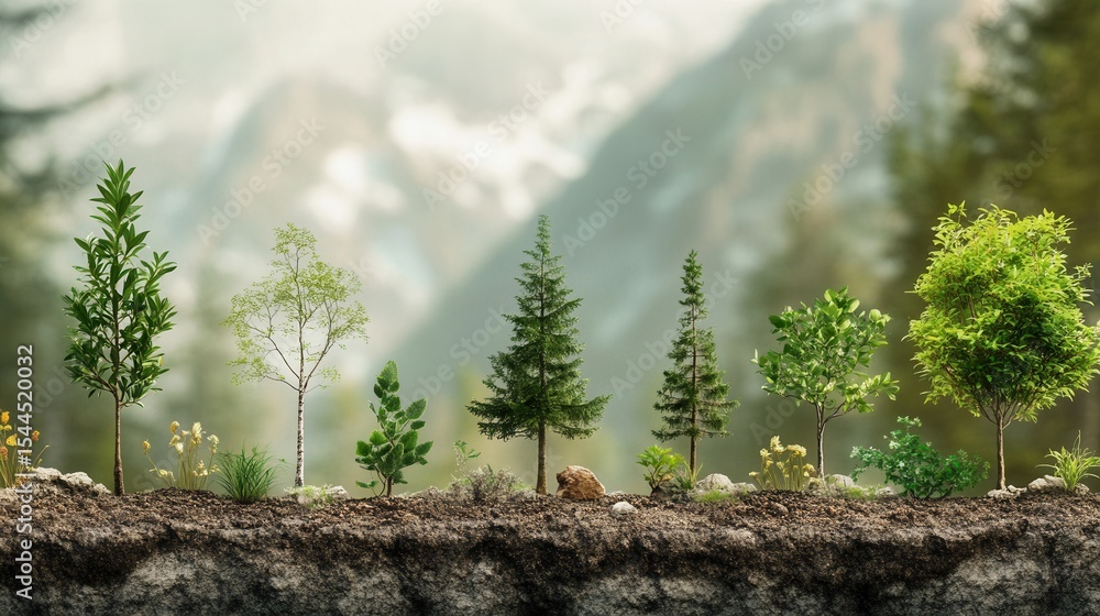 Aufkleber a beautiful range of deciduous and coniferous trees with unique foliage representing a diverse ecosy