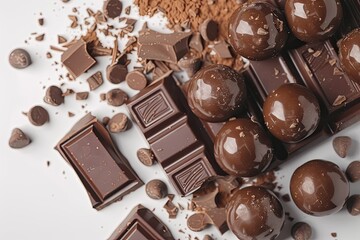 Top View of Chocolate Candy Balls with Chocolate Bars on a White Surface