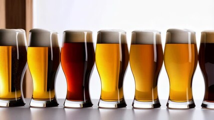 Assorted craft beer glasses showcasing different ale varieties with distinct hues and foamy heads on a bright white surface