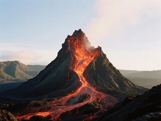 Fototapeta premium Erupting Volcano with Flowing Lava