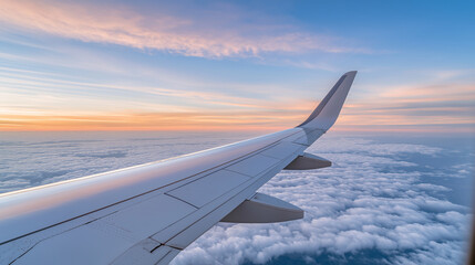 Obraz premium View through an airplane window during the golden hour, The aircraft wing extends over a sea of fluffy clouds, with a vibrant gradient of orange, pink, and blue in the sky,dramatic perspective. 