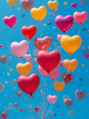 Colorful heart-shaped balloons filling the air with joy and excitement as they swoop down from a bright blue sky, swooping motion, colorful