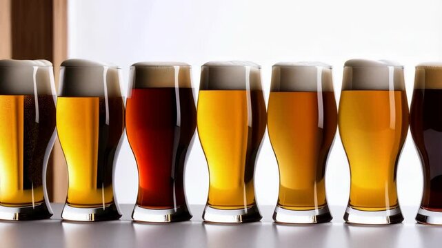 Assorted craft beer glasses showcasing different ale varieties with distinct hues and foamy heads on a bright white surface