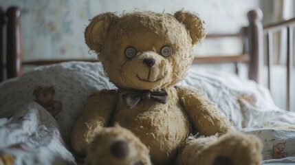 Nostalgic Vintage Teddy Bear Sitting Comfortably on a Bed in a Cozy Room with Soft Linens and Subtle Floral Wallpaper Background
