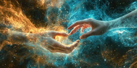 Fototapeta premium Two hands reaching out to each other in a cosmic, nebulous background with stars and galaxies