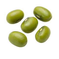 Obraz premium Several green mung beans placed individually on a transparent background, each one with a slightly different angle to show their oval form