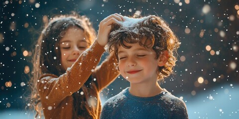 Obraz premium Two children playing in the snow, one holding snowflakes above the other's head.