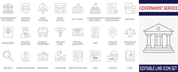 A versatile line icon set illustrating essential public services and government functions. Perfect for civic websites, infographics, apps, and legal documentation visuals.