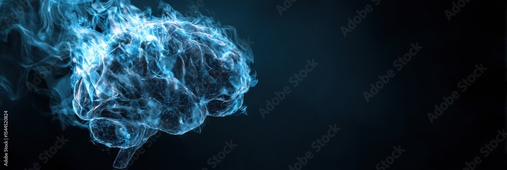 Poster digital brain emits blue flames as it burns like a fuse against a clean cyber blue background, showc