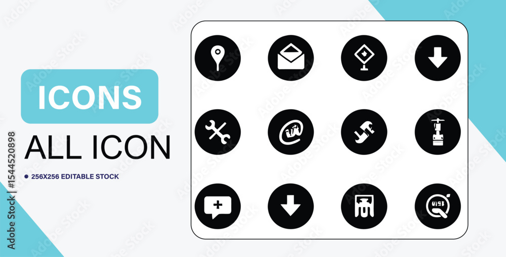 Poster set of black and white icons representing various functions and actions